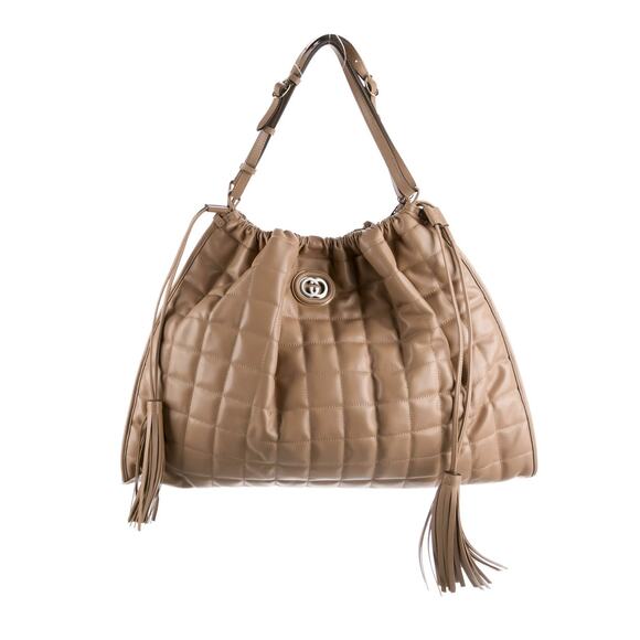 GUCCI Deco Large Camelia Beige Quilted Leather Hobo Tote Chain Shoulder Bag - Picture 2 of 14